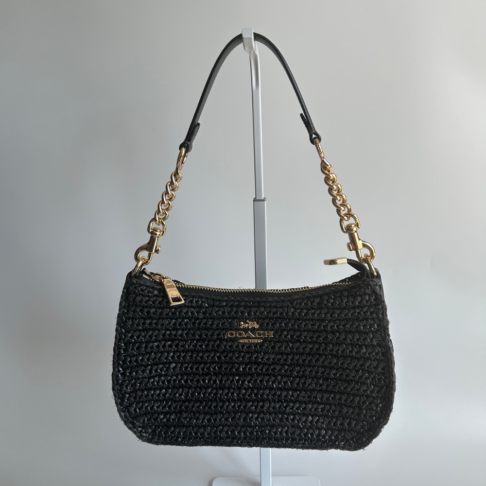 Coach Teri Shoulder Bag Black Woven Straw Crossbody Handbag CB117